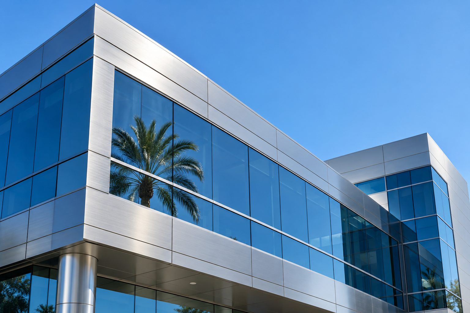 Brushed-steel and blue glass facade of a modern business building with a palm tree reflected in the windows